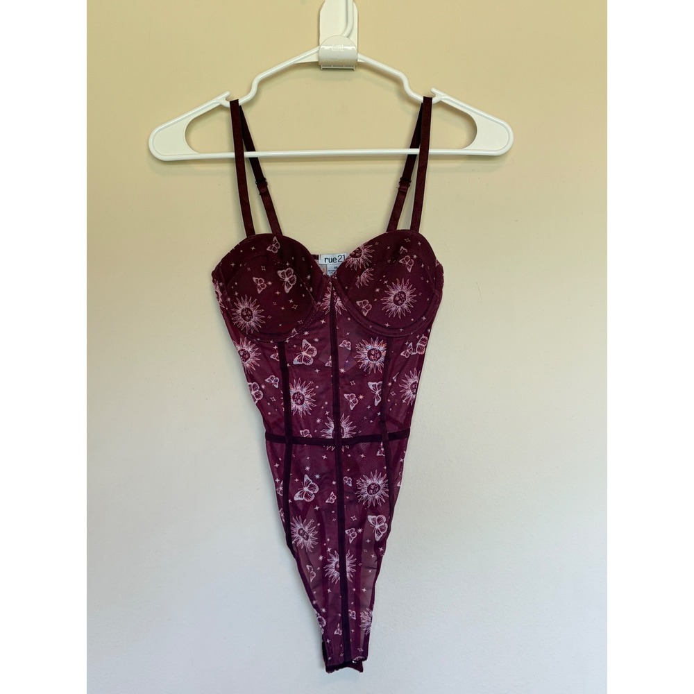 Rue21 Burgundy Maroon Celestial Sun Butterfly Sheer Mesh Corset Bodysuit XS NEW